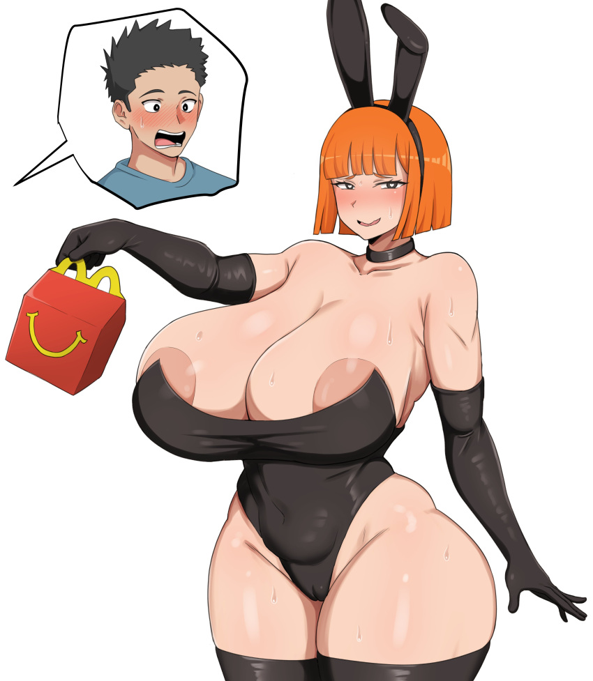 1boy 1girls alternate_breast_size bob_cut breasts bunny_ears bunnysuit cameltoe dad_(japanese_mcdonald's_commercial) female female_focus happy_meal heart-shaped_pupils high_resolution large_breasts mature_female mcdonald's milf mom_(japanese_mcdonald's_commercial) taisukiart thighhighs thighs very_high_resolution white_background wide_hips yoru_mac