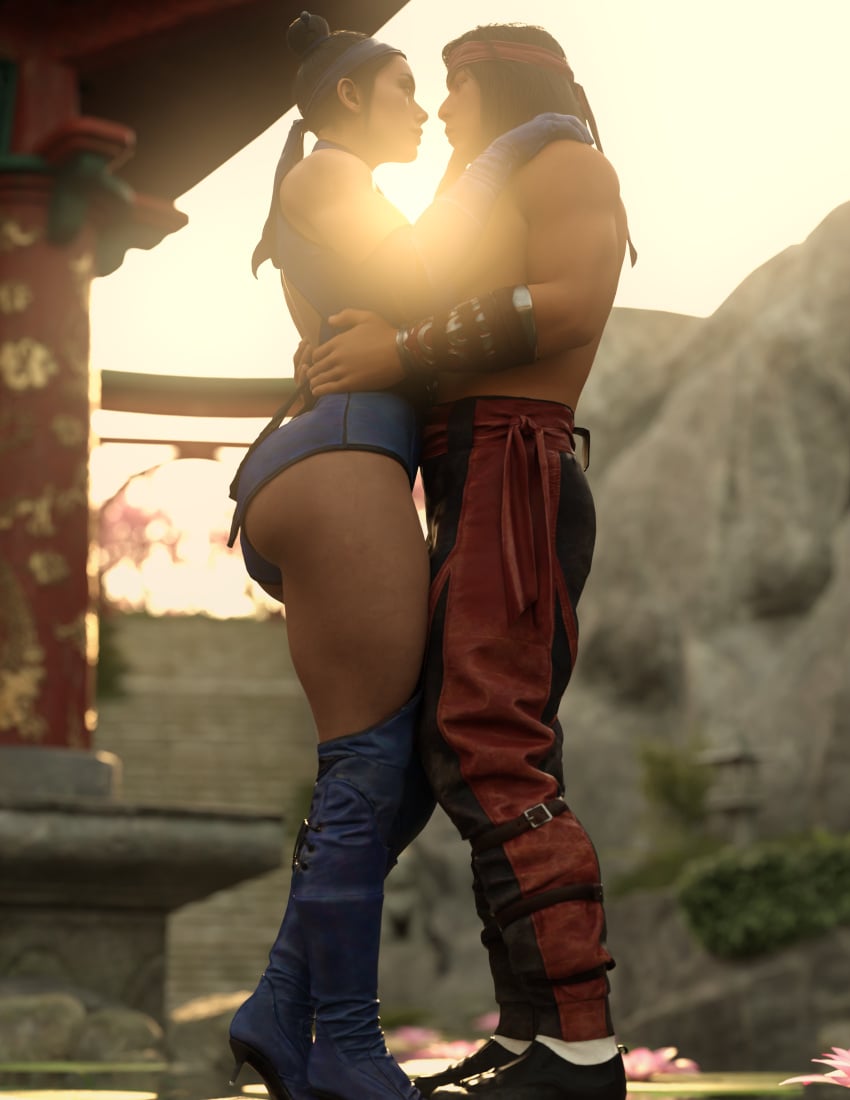 1boy 1boy1girl 1girls ass bandana black_hair canon_couple couple female hands_on_hips hands_on_shoulders ickysticky in_love kitana kitana_(mk11) liu_kang male mortal_kombat mortal_kombat_11 muscular muscular_male princess shirtless shirtless_male staring_at_another thick_ass thick_thighs topless topless_male