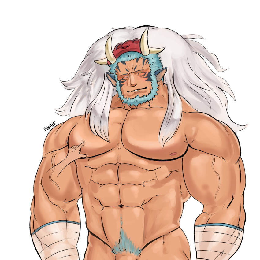 animal_ears bara beard closed_eyes disembodied_hand facial_hair fire_emblem fire_emblem:_path_of_radiance fire_emblem:_radiant_dawn fire_emblem_heroes laguz_(race) male male_only mordecai_(fire_emblem) mordecai_(flame)_(fire_emblem) muscles muscular nintendo nude piikae smiling tail white_hair