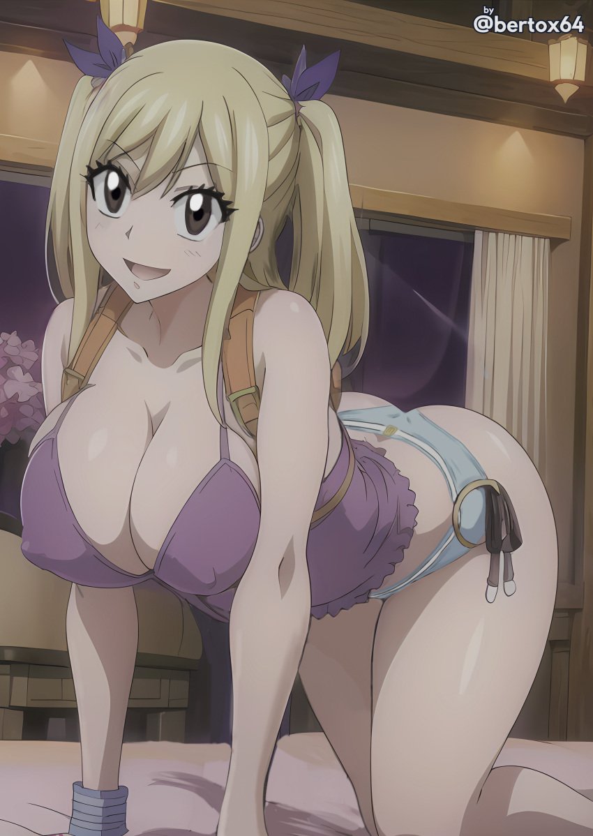 ai_generated all_fours bertox64 big_ass big_breasts blonde_hair brown_eyes camisole cleavage cute erect_nipples fairy_tail female female_only lace lucy_heartfilia seductive shorts smile thick_thighs tight_clothes twintails