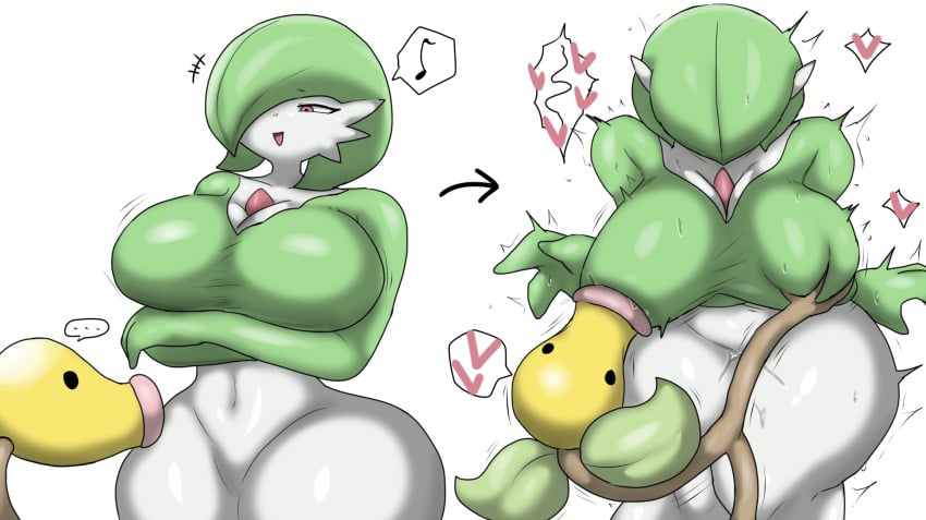 ambiguous_gender bellsprout bodily_fluids duo enigi09 female gardevoir gardevoir_tentacle generation_1_pokemon generation_3_pokemon genital_fluids green_body heart hi_res huge_breasts humanoid nintendo nipple_fetish nipple_play nipple_suck pokemon pokemon_(species) pussy_juice red_eyes simple_background simple_eyes speech_bubble sucking white_background white_body wide_hips yellow_body