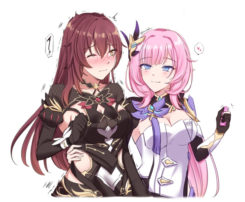 black_gloves blue_eyes blush brown_hair eden_(honkai_impact) elf elf_ears elf_female elysia_(honkai_impact) elysia_(miss_pink_elf)_(honkai_impact) female female_only gloves hand_on_hip honkai_(series) honkai_impact_3rd komitaki one_eye_closed owo pink_hair shivering smile smug_face vibrator_remote yellow_eyes