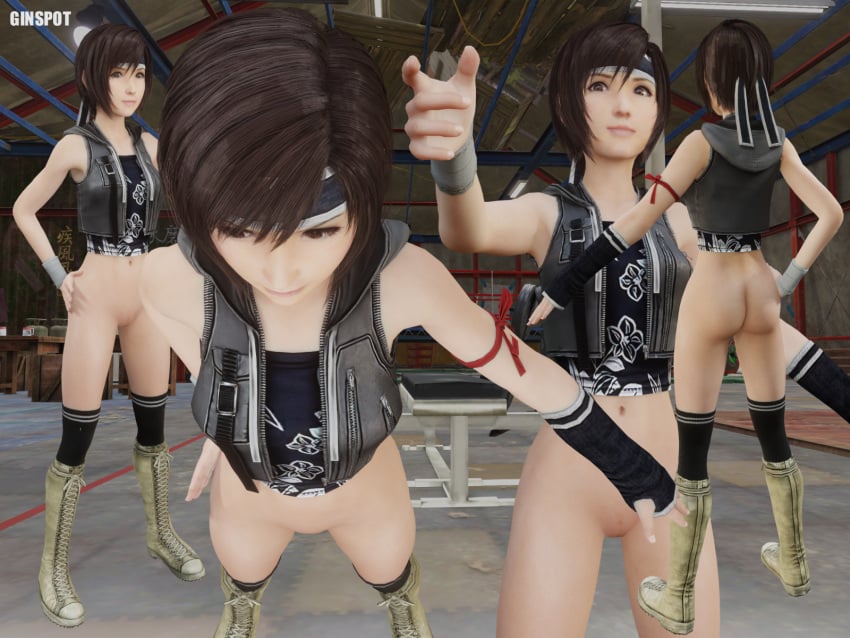 1girls 3d 3d_(artwork) ass blender_(software) boots cute different_angle female female_focus female_only final_fantasy final_fantasy_vii final_fantasy_vii_advent_children final_fantasy_vii_remake ginspot gym hands_on_hips headband hoodie looking_at_viewer ninja nude nude_female pantless pose posing pussy yuffie_kisaragi