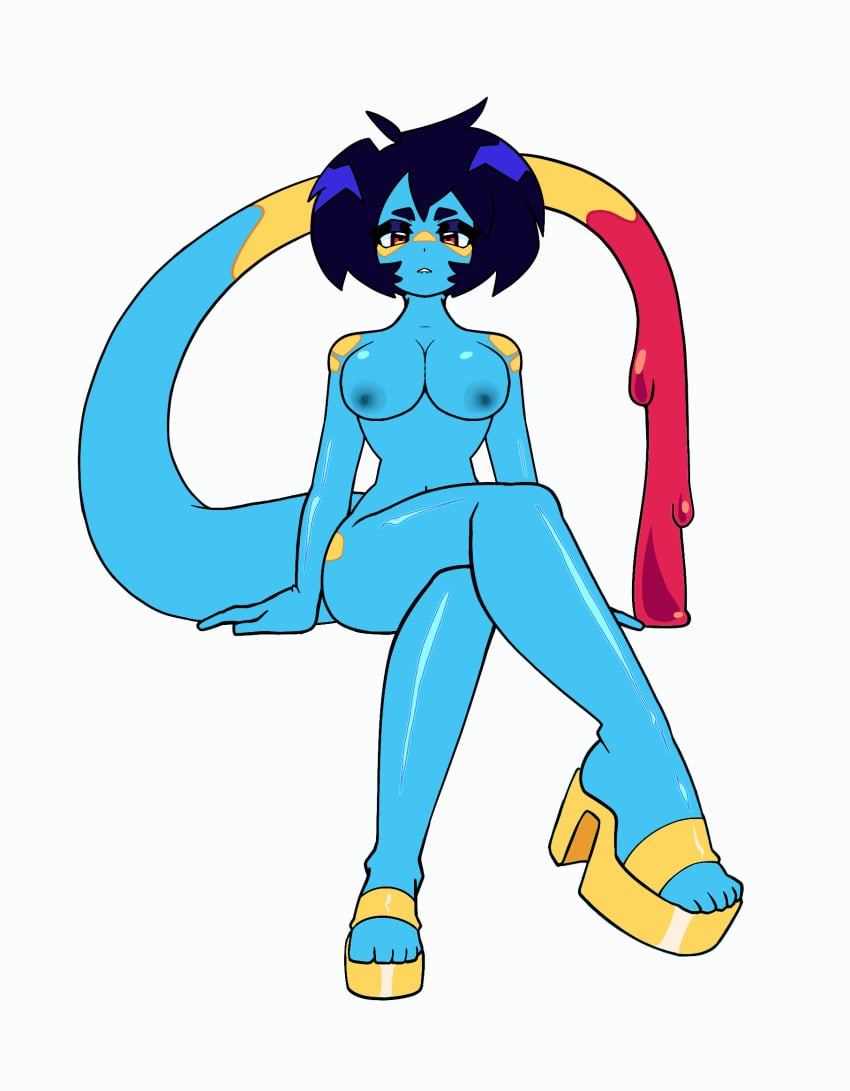 average_breasts black_hair blu6051 blue_nipples blue_skin breasts cross crossed_legs edit edited female full_body full_version_request huge_tail large_tail nude nude_female patreon red_eyes request rikki_(unknownspy) unknownspy yellow_spots youtube