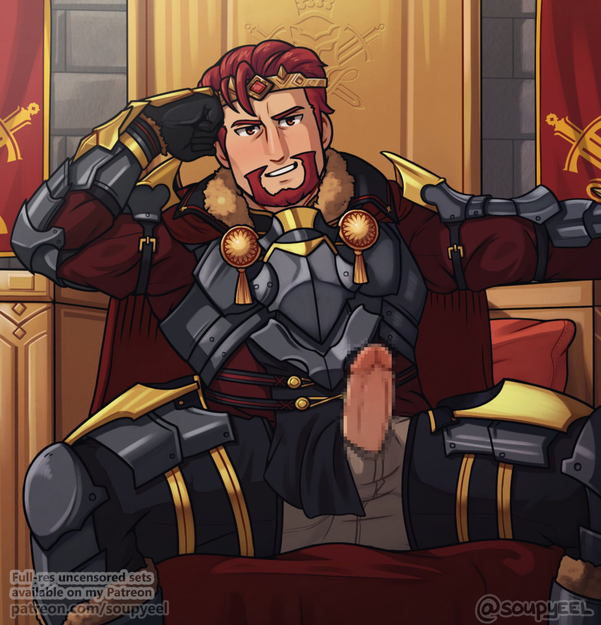 balls beard boner censored_penis erection facial_hair fire_emblem fire_emblem_engage male male_only morion_(fire_emblem) muscles muscular nintendo penis penis_out sitting solo solo_male soupyeel spread_legs