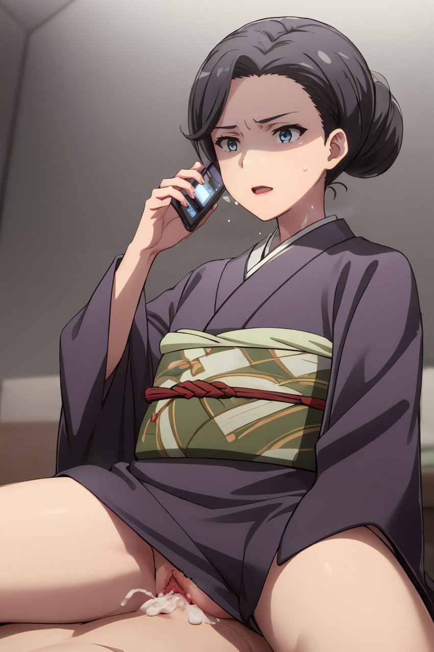 ai_generated black_hair blue_eyes caught_in_the_act censored cowgirl_position cum cum_in_pussy cum_inside ejaculation kimono mosaic_censoring my_teen_romantic_comedy_snafu pussy sex short_kimono smartphone vaginal_penetration yukinoshita_yukino's_mother