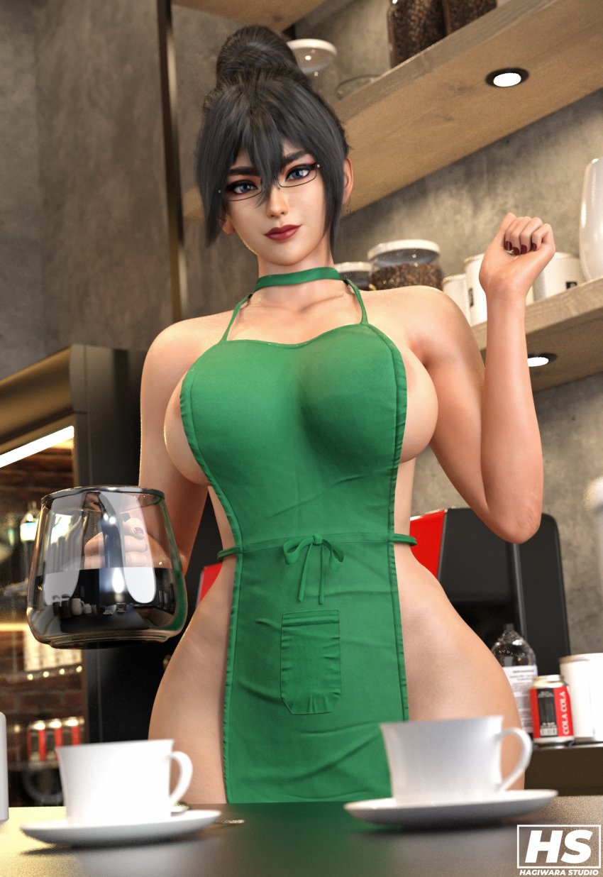 3d black_hair blue_eyes busty female female_focus female_only fumitan_admoss glasses gundam gundam_tekketsu_no_orphans hagiwara_studio hourglass_figure iced_latte_with_breast_milk meme solo tagme waitress waitress_uniform wide_hips