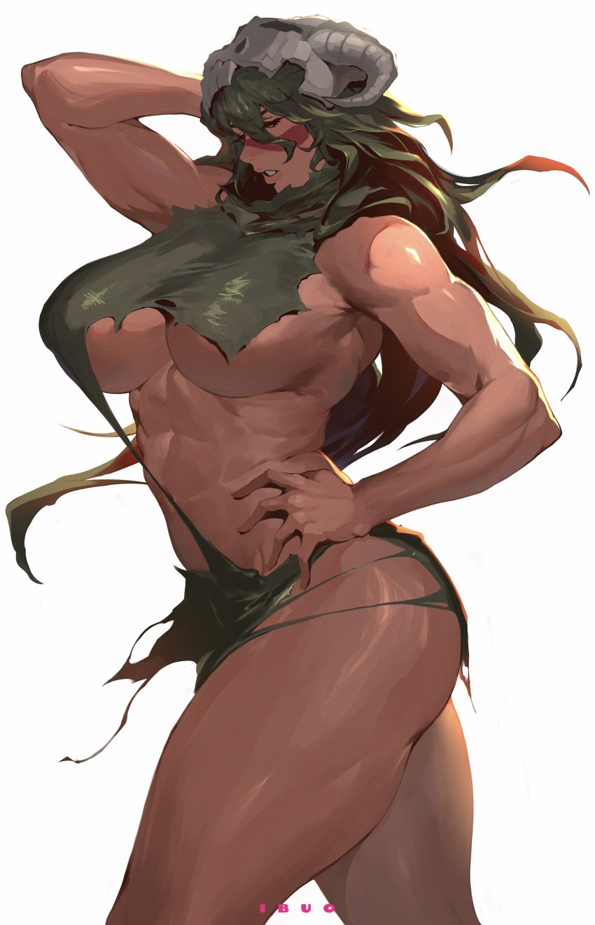 abs absurdres animal_skull arm_behind_head arrancar artist_name ass bare_arms bare_shoulders bleach breasts cleavage closed_eyes dress espada facial_mark female green_dress green_hair hair_between_eyes hand_on_own_hip highres hollow_(species) ibuo ibuo_(ibukht1015) large_breasts long_hair muscular_female nelliel_tu_odelschwanck parted_lips skull_on_head solo stomach thick_thighs thighs toned torn_clothes torn_dress underboob white_background