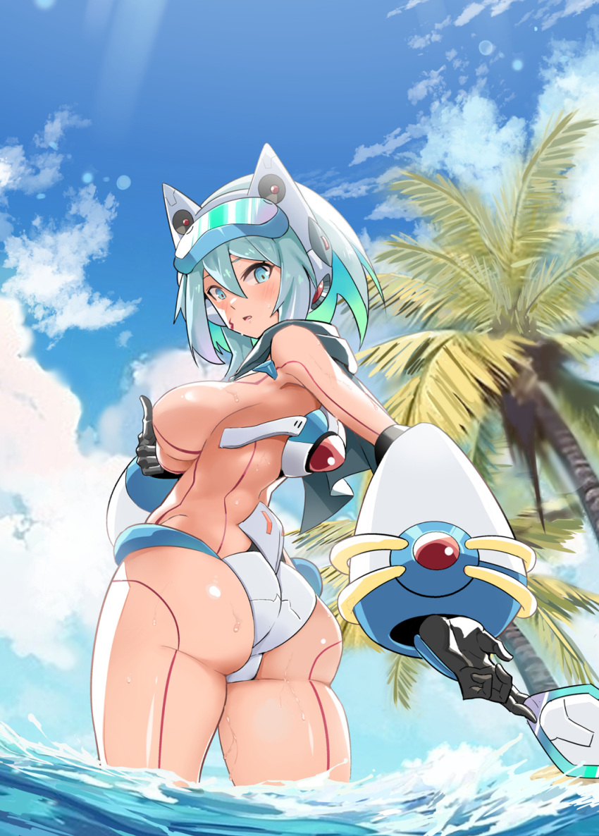 1girls ass back_view beach big_ass big_breasts bikini_top_removed blue_eyes blush covering_breasts covering_nipples female ico_(mega_man) mega_man mega_man_x_dive popo_(popo0cat) rear_view sideboob silver_hair solo swimsuit swimsuit_ico_(x_dive) topless water