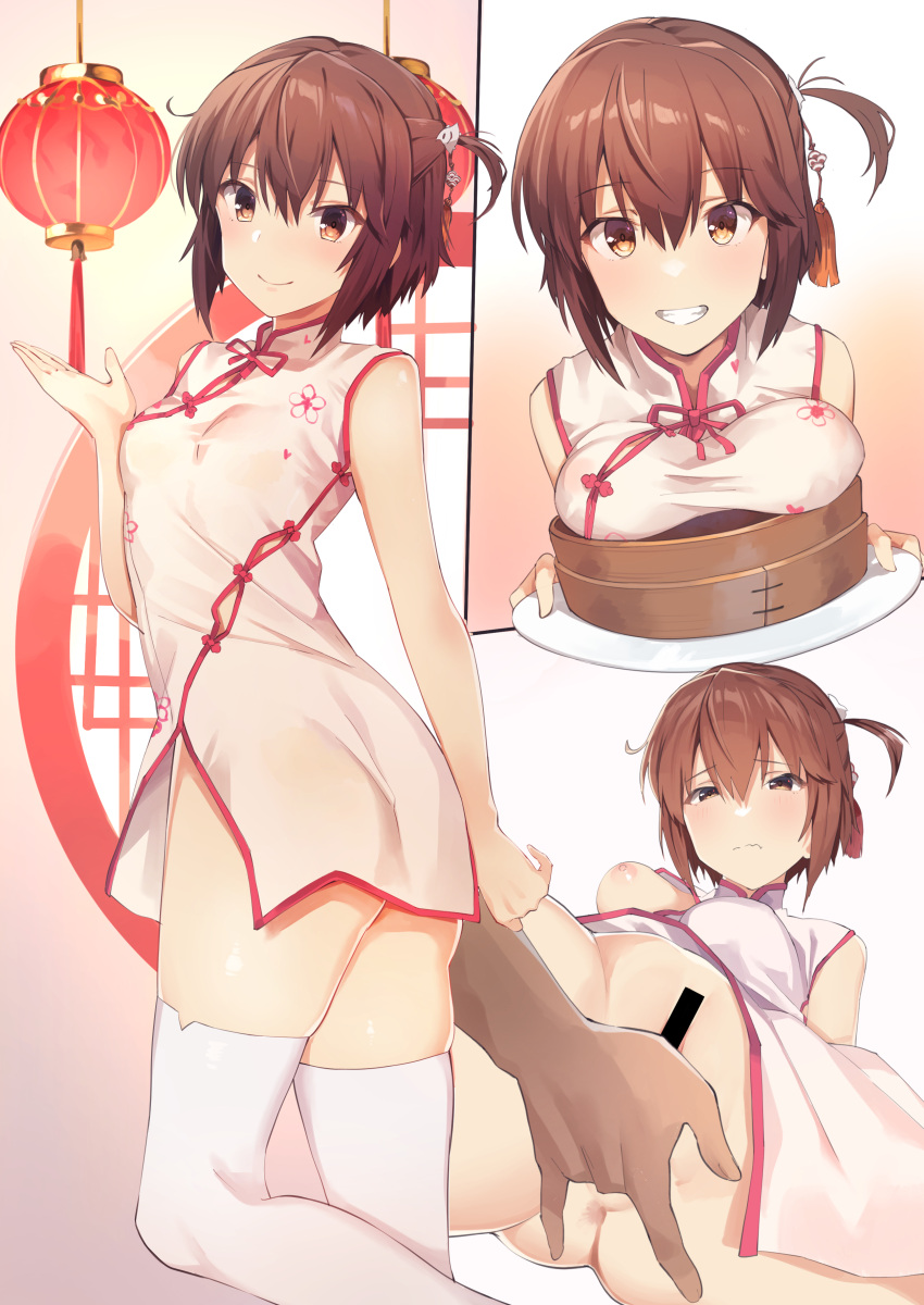 1boy absurdres bar_censor blush breasts brown_hair censored china_dress chinese_clothes closed_mouth clothed_sex dress etou_kanami female fingering hair_between_eyes hair_ornament hand_up highres hitoiki holding holding_plate lantern medium_breasts nipples paper_lantern pink_dress plate short_hair sidelocks smile straight thighhighs toji_no_miko white_thighhighs yellow_eyes