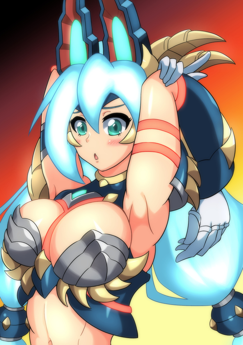 1girls armpits arms_up big_breasts blush cleavage female green_eyes iris_(mega_man) kotatuman_dash long_hair mega_man mega_man_x mega_man_x_dive solo zinogre_iris_(mega_man)