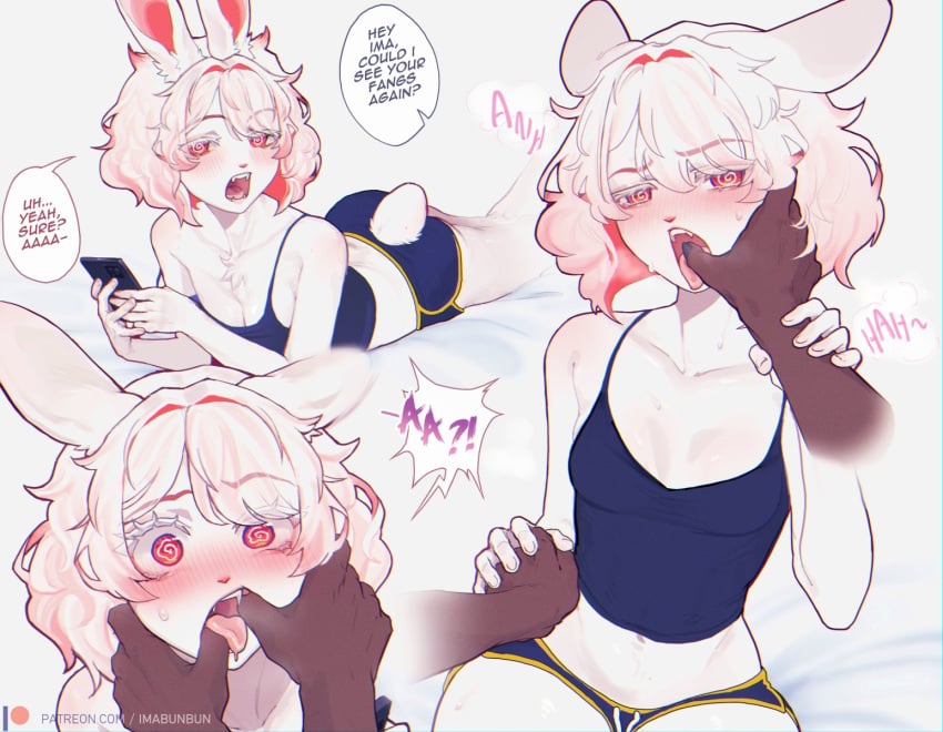 bunny_ears bunny_girl dialogue fangs grabbing grabbing_mouth ima_(imabunbun) imabunbun oc original tagme thumb_in_mouth thumb_sucking