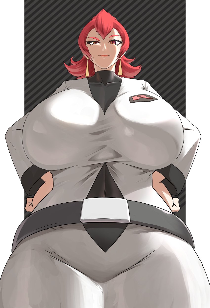 1girls 2023 ariana_(pokemon) big_breasts breasts earrings female hands_on_hips huge_breasts looking_at_viewer looking_down muppy0163 nintendo pokemon red_eyes red_hair red_lips red_lipstick shiny_breasts shiny_skin short_hair solo solo_female solo_focus team_rocket white_skin