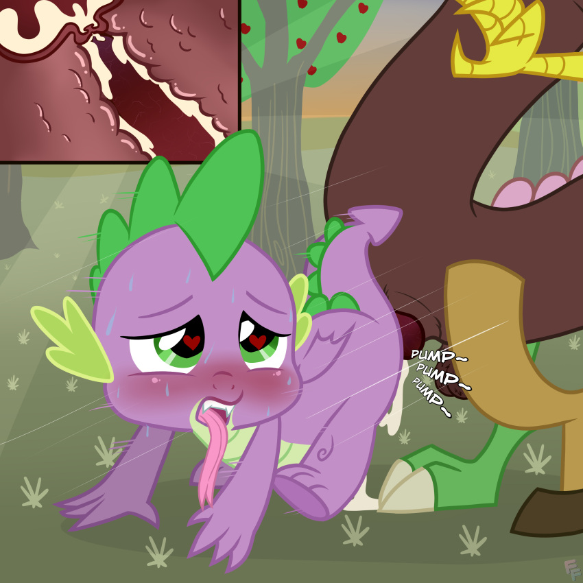 ahe_gao anthro blush cub cum cum_inside cuntboy discord_(mlp) draconequus dragon fangs forked_tongue friendship_is_magic gay green_eyes hasbro intersex male male/male mlp my_little_pony open_mouth penis ponykittenboi purple_body purple_skin sex spike_(mlp) spikes sweat sweatdrop tongue tongue_out wings yaoi young