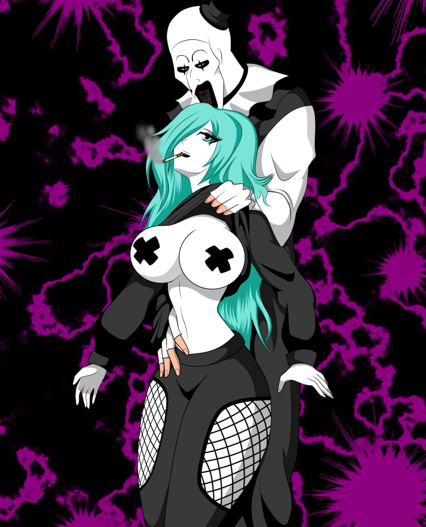 1boy 1boy1girl 1girls adriana4ever art_the_clown behind behind_another big_breasts cigarette cigarette_in_mouth clown clown_boy drila_vanegas female goth goth_girl gothic green_eyes green_hair nipples sofy_abdom terrifier terrifier_2