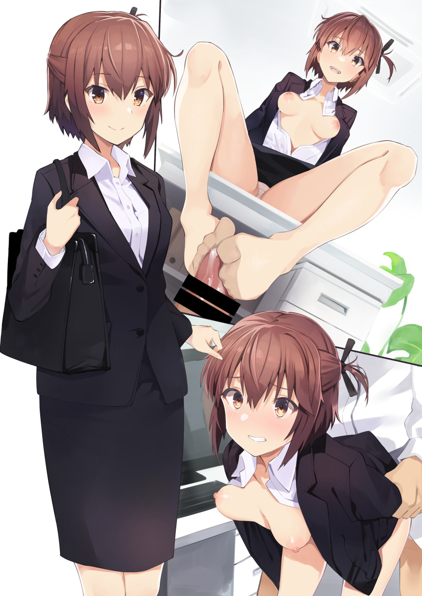 1boy absurdres bag bar_censor black_bag black_jacket black_ribbon black_skirt blazer blush bouncing_breasts breasts brown_hair buttons censored closed_mouth clothed_sex collared_shirt cum_on_penis desk dress_shirt etou_kanami female footjob hair_between_eyes hair_ribbon highres hitoiki holding holding_bag jacket long_sleeves medium_breasts monitor nipples office_lady open_clothes open_jacket open_mouth open_shirt panties pantyshot ribbon sex sex_from_behind shirt short_hair sidelocks skirt smile straight toji_no_miko underwear white_panties white_shirt yellow_eyes