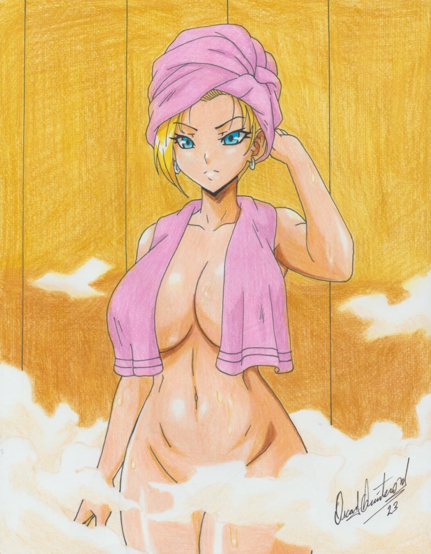 1girls 2023 android_18 arm_up artist_name blonde_hair blue_eyes breasts censored collarbone convenient_censoring dragon_ball dragon_ball_z earrings female_focus huge_breasts indoors jewelry milf navel nude ravern_clouk solo standing steam steam_censor towel towel_around_neck towel_on_head towel_over_breasts traditional_media