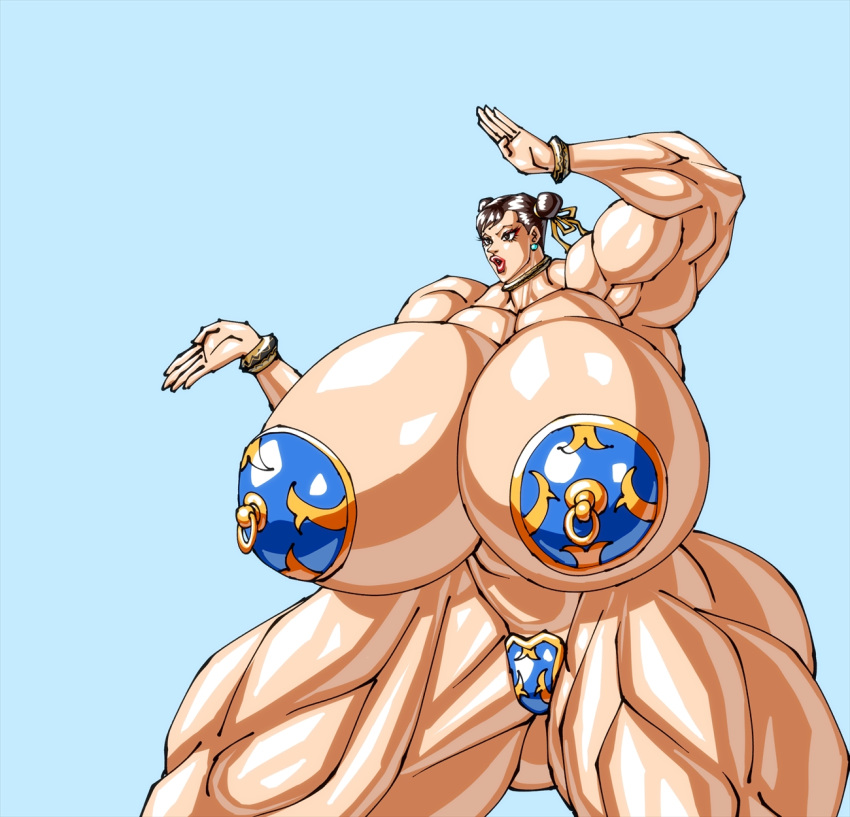 big_breasts breasts breasts_bigger_than_head brown_hair brunette_hair capcom chun-li enormous_breasts giant_breasts gigantic_breasts huge_breasts hyper_breasts large_breasts massive_breasts muscles muscular muscular_arms muscular_body muscular_female muscular_legs muscular_thighs negoto_(nego6) nipple_covers pussy_covered street_fighter