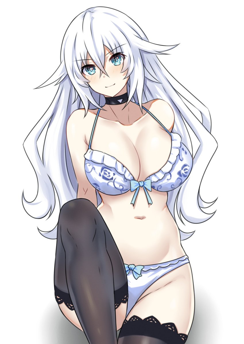 2023 black_heart blue_eyes blush bra breasts choker cleavage compile_heart front_view goddess idea_factory light-skinned_female lingerie long_hair looking_at_viewer neptunia_(series) noire panties_aside power_symbol-shaped_pupils simple_background sitting smile solo stockings thighhighs white_background white_hair zatsu