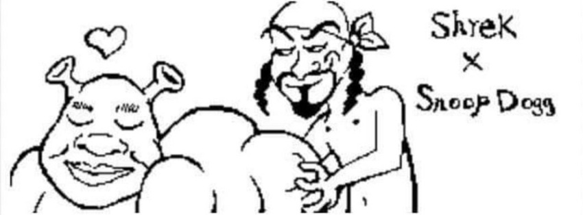 2boys ass bandana beard butt celebrity character_name closed_eyes dreamworks fat_man gay gay_sex heart interspecies male/male male_on_male male_only meme miiverse mustache no_visible_genitalia nude_male ogre rapper real_person shrek shrek_(series) simple_background singer snoop_dogg toony white_background yaoi