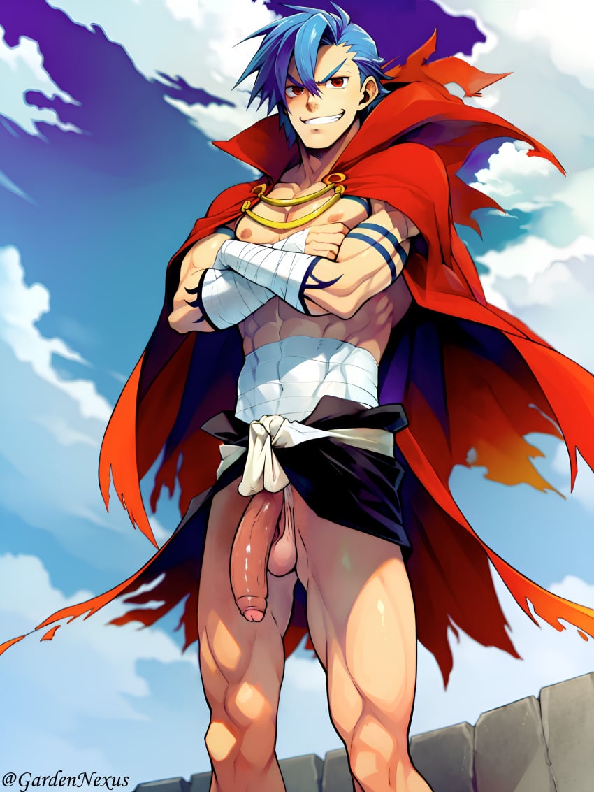 ai_generated big_penis blue_hair grin hi_res kamina looking_at_viewer male_focus male_only muscular_male nexusgarden red_eyes solo solo_male tengen_toppa_gurren_lagann