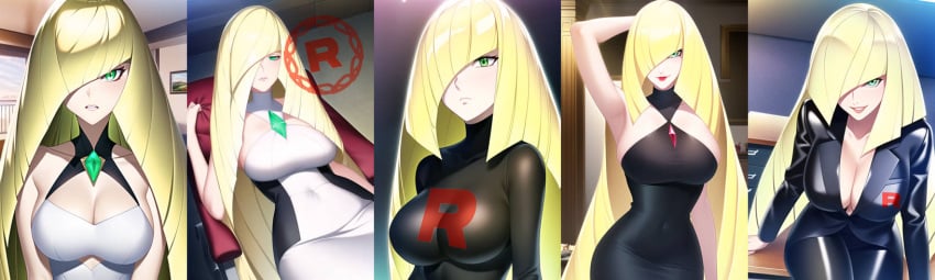 1girls ai_generated black_dress blonde_hair bodysuit breasts buisness_suit desk dress enemy_conversion green_eyes hair_over_one_eye hypnosis krabbytheklown large_breasts latex latex_bodysuit laying_down lipstick long_hair looking_at_viewer lusamine_(pokemon) milf mind_control nintendo pokemon pokemon_sm sequence sitting_on_desk suit team_rocket team_swap white_dress