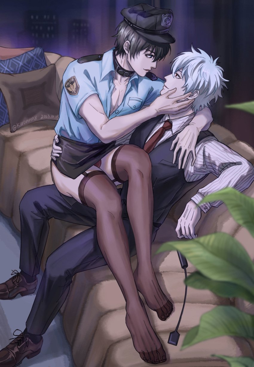 2boys alternate_costume black_hair collar crossdressing eye_contact full_body fully_clothed garter_straps gay gintama gintoki_sakata hijikata_toshiro kuonnnx looking_at_another male male_only miniskirt nylons police_hat police_officer police_uniform riding_crop sitting sitting_on_lap sitting_on_person smile sofa stockings thighhighs white_hair yaoi