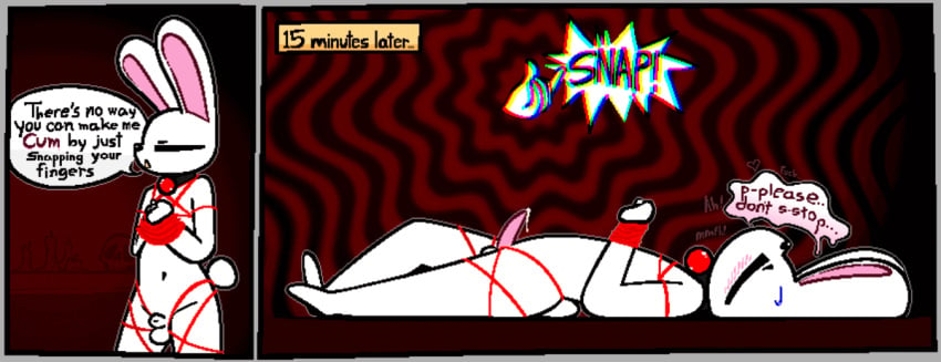 animated anthro ball_gag balls blush bodily_fluids bondage bound comic digital_media_(artwork) dripping ejaculation english_text erection floating_hands fur furry gag genital_fluids genitals hands-free harness hypnosis kama_(wendigoop) lagomorph leporid male mammal mind_control nude penis pentagram pentagram_harness precum precum_drip rabbit restraints rope rope_bondage rope_harness sex snap snapping_fingers solo squirming submissive subtle_animation tail teeth text wendigoop white_body white_fur