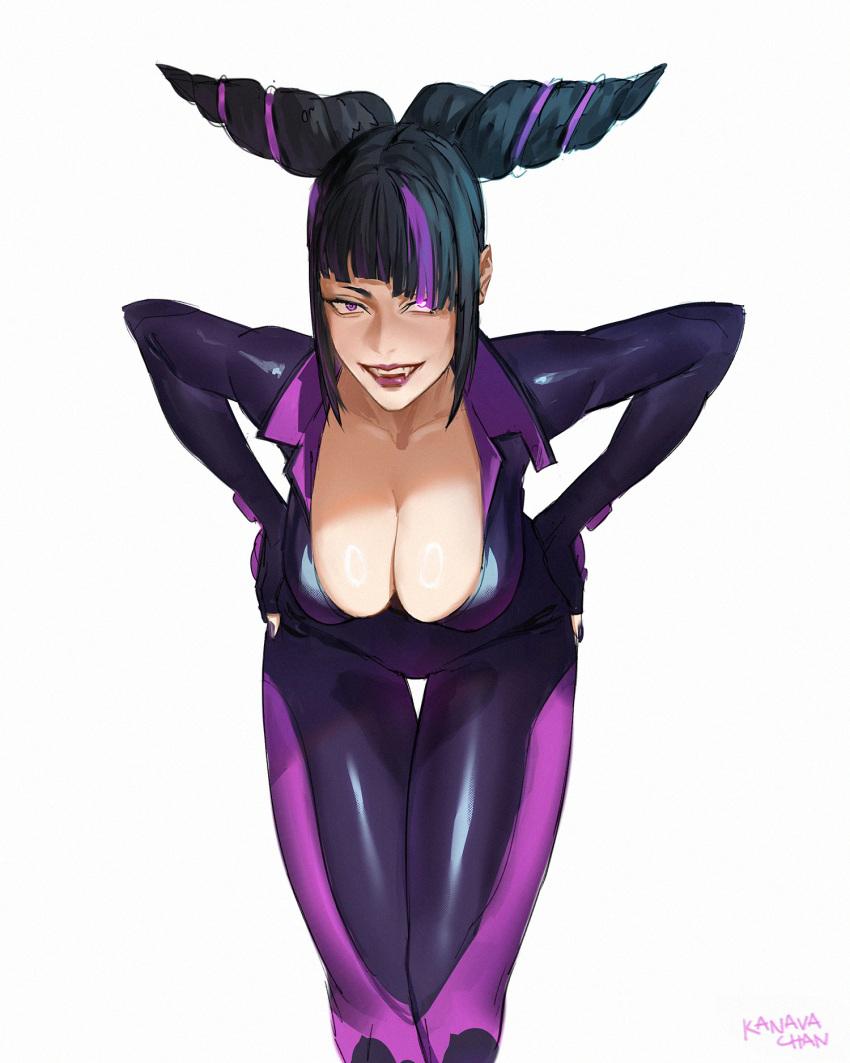 1girls bodysuit cleavage female female_only fully_clothed juri_han kanavachan large_breasts leaning_forward looking_at_viewer skin_tight smile solo street_fighter