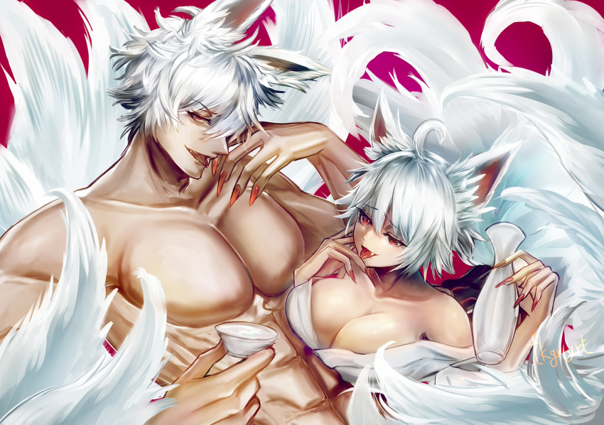 1boy 1girls alcohol big_breasts canon_genderswap cleavage dual_persona female fox_boy fox_ears fox_girl fox_tail genderswap_(mtf) ginko_sakata gintama gintoki_sakata kitsune kyuubi long_fingernails male muscular_male off_shoulder open_kimono red_eyes red_nails rule_63 sake sharp_fingernails short_hair silver_hair tongue_out tsukigime white_hair youkai