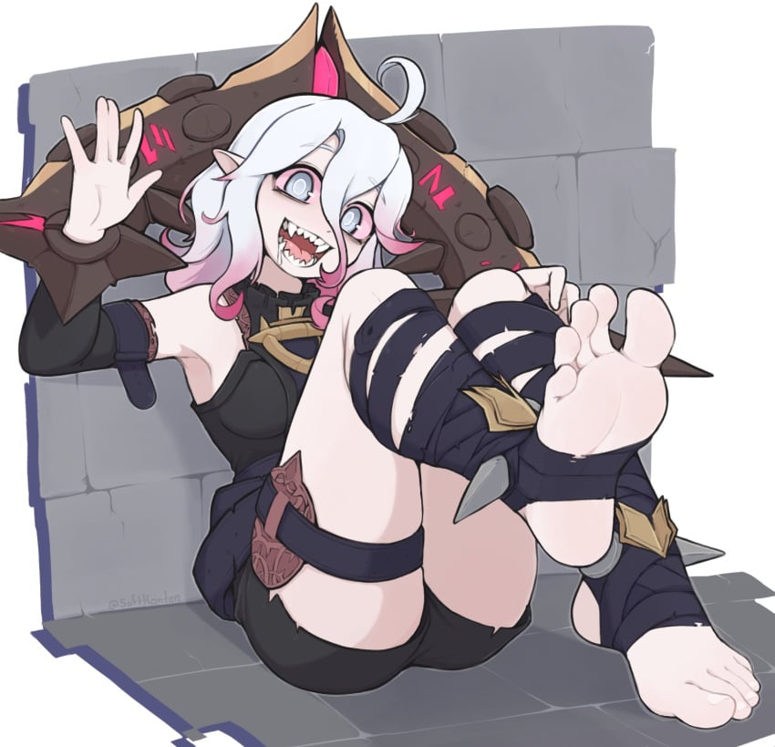 1girls barefoot briar_(league_of_legends) clothed drooling eyebrows_visible_through_hair feet female_only foot_fetish foot_focus league_of_legends multicolored_hair open_mouth sharp_teeth smile softhanten stirrup_legwear toes waving white_feet white_hair