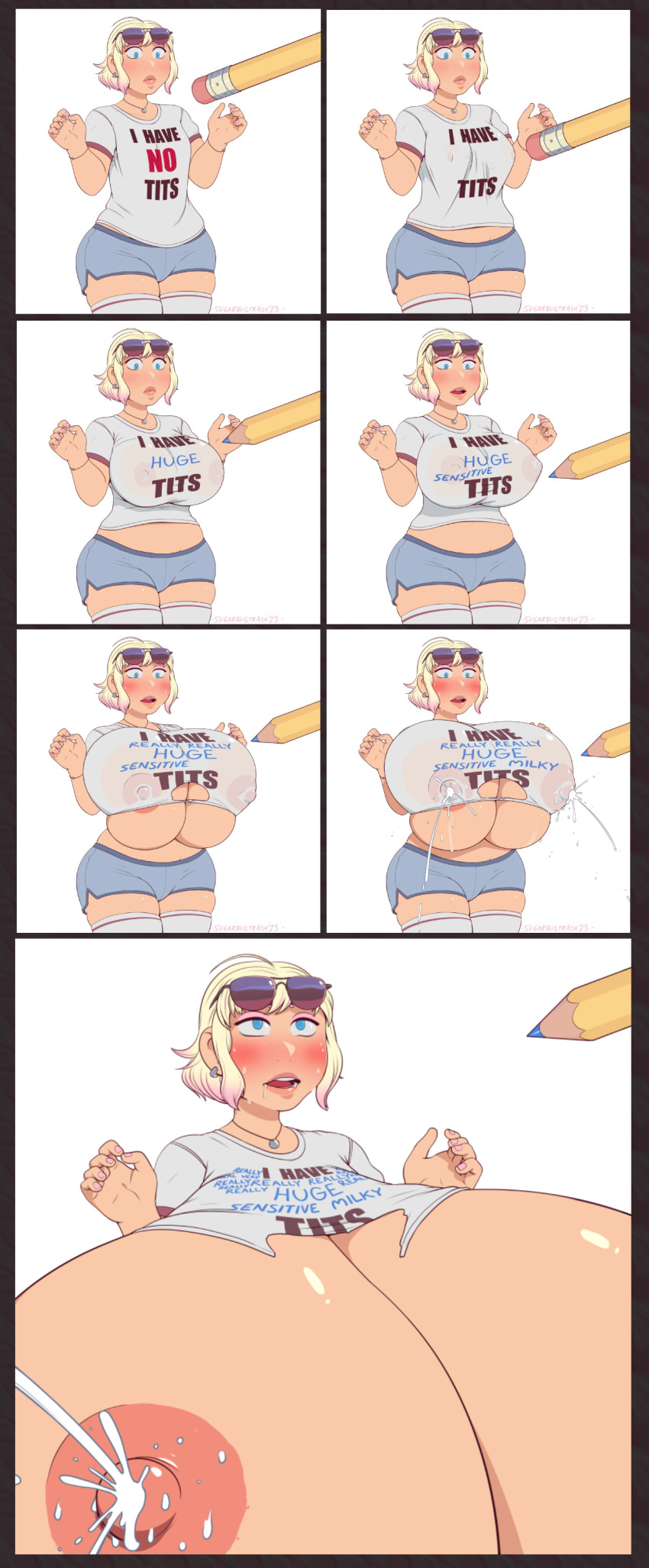 2d artist_affecting_reality big_areola big_nipples blonde_hair blue_eyes blush braless breast_expansion breast_explosion breast_focus breast_growth breasts breasts_bigger_than_head breasts_out drawing_transformation drooling dyed_hair enormous_breasts erect_nipples exposed_breasts exposed_midriff female female_focus female_only giant_breasts huge_breasts lactating lactating_nipples lactation lactation_through_clothes lactation_without_stimulation large_breasts massive_breasts medium_breasts milk milk_squirt nipples no_bra oc orgasm orgasm_face pencil pencil_(object) sensitive shocked shocked_expression short_hair small_breasts stretched_clothes stretched_clothing sugarbugtrash sunglasses sunglasses_on_head surprise surprised surprised_expression thick_thighs thighs thighs_bigger_than_head thighs_together torn_clothes torn_clothing torn_shirt transformation transformation_sequence wide_hips