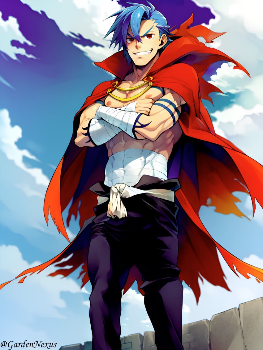 ai_generated blue_hair grin hi_res kamina looking_at_viewer male_focus male_only muscular_male nexusgarden pants red_eyes solo solo_male tengen_toppa_gurren_lagann