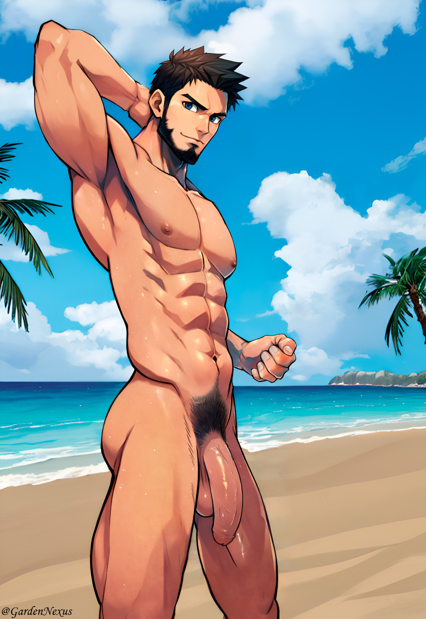 1boy ai_generated beach big_penis black_hair blue_eyes hi_res huge_cock human looking_at_viewer male male_only muscular muscular_male nexusgarden penis sea solo