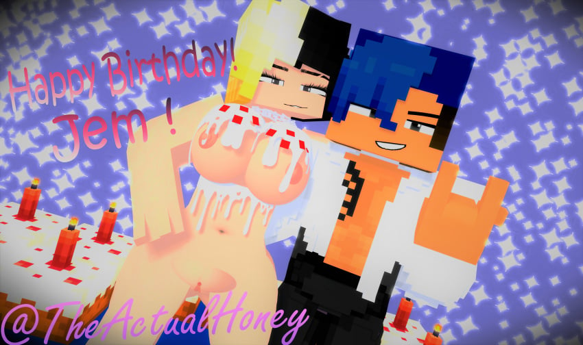 1boy big_breasts big_butt birthday_cake black_and_blonde_hair cake cake_on_breasts covered_in_cake female honey_(tah) jem_(chaosdiamond) mine-imator minecraft theactualhoney