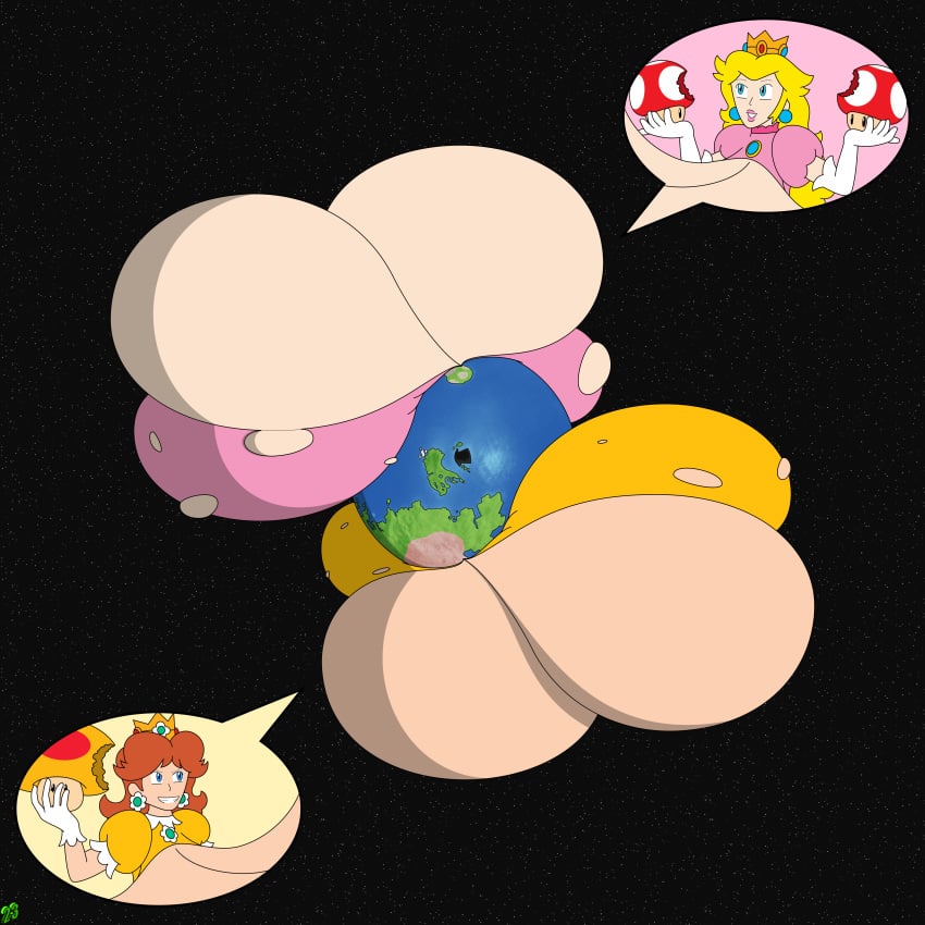 23whiskers1 2d 2girls blonde_hair blue_eyes breast_expansion breasts brown_hair clothing female female_only huge_breasts hyper hyper_breasts mario_(series) massive_breasts mega_mushroom multiple_girls mushroom nintendo planetary power_up princess princess_daisy princess_peach super_mario_bros. super_mushroom