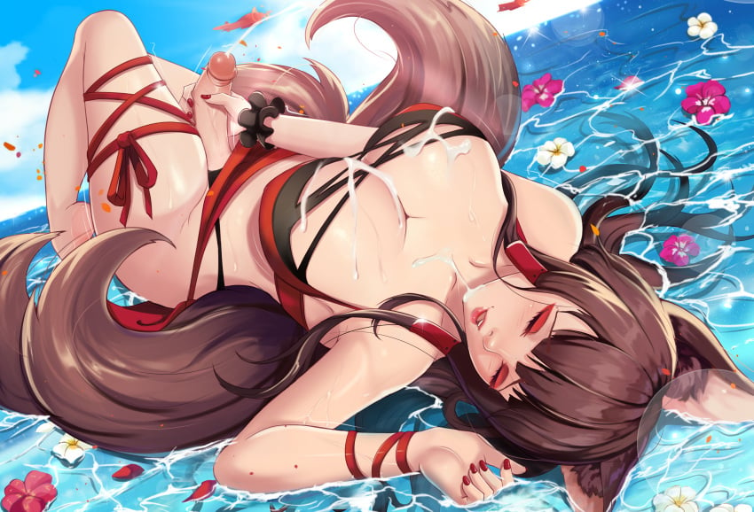 akagi_(azur_lane) animal_ears azur_lane balls breasts closed_eyes cum cum_on_breasts cum_on_face ejaculation exlic fluffy_ears futa_only futanari masturbation penis swimsuit swimwear tagme