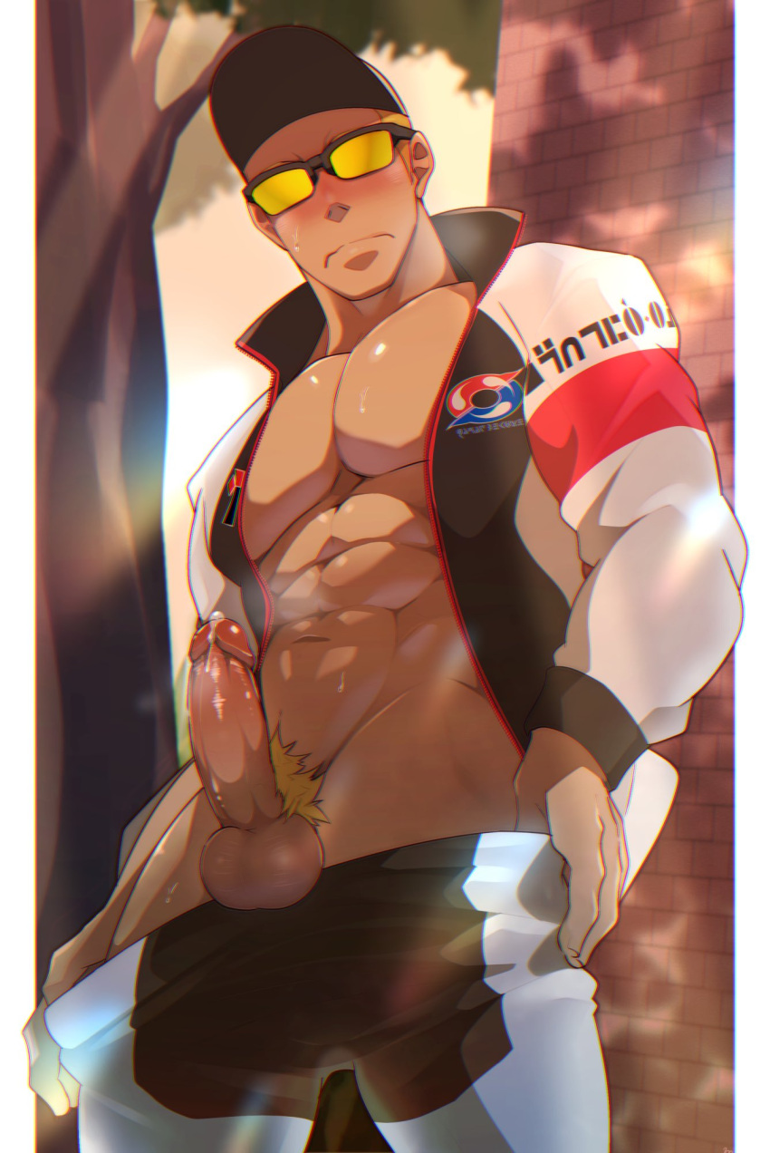 abs blonde_hair blush cock league_staff_(pokemon) looking_at_viewer looking_down looking_down_at_viewer low-angle_view male male_only muscular muscular_male pecs pectorals pokemon pokemon_ss pokemon_trainer precum pubic_hair public public_nudity solo sports_uniform sportswear stripping sunglasses