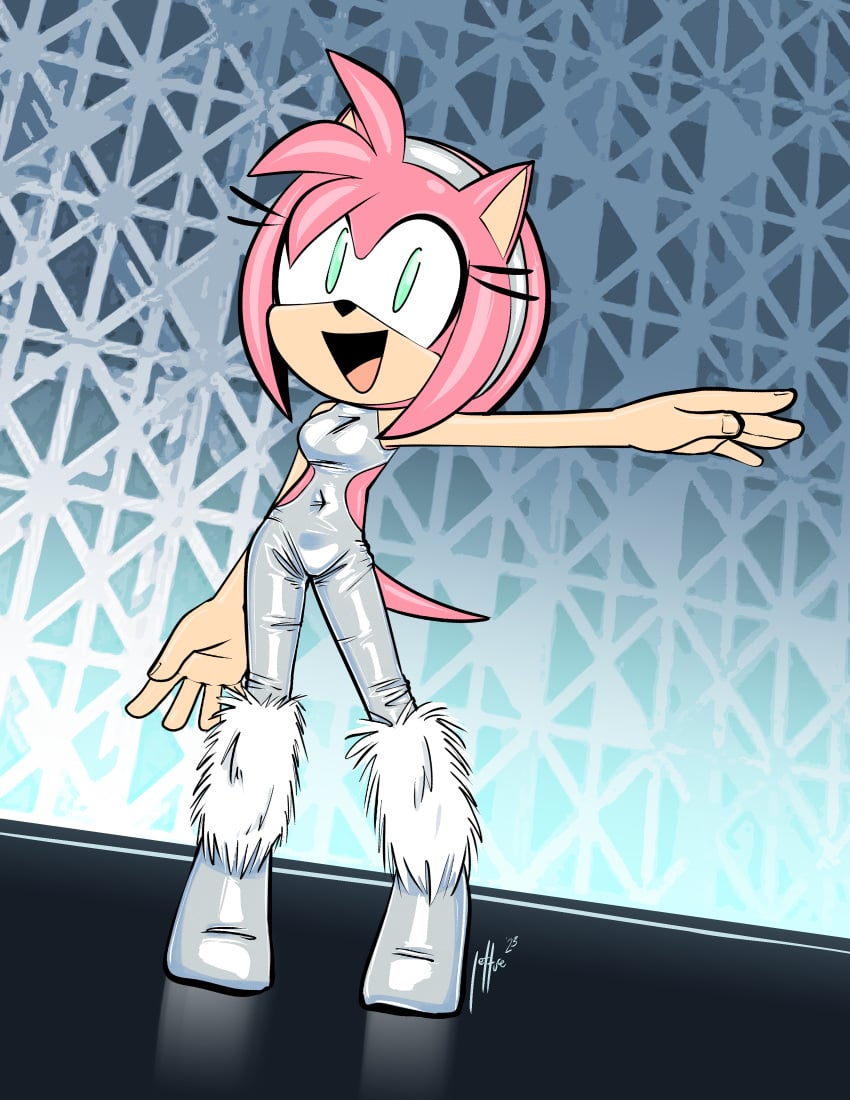 1girls absurd_res amy_rose anthro anthro_only artist_signature bodysuit breasts eyelashes eyeliner female female_focus female_only furry furry_only heels hi_res high_heels lettuce_(artist) long_hair makeup medium_hair qqlettuce sega sleeveless small_breasts smile solo sonic_(series) sonic_the_hedgehog_(series) standing tail