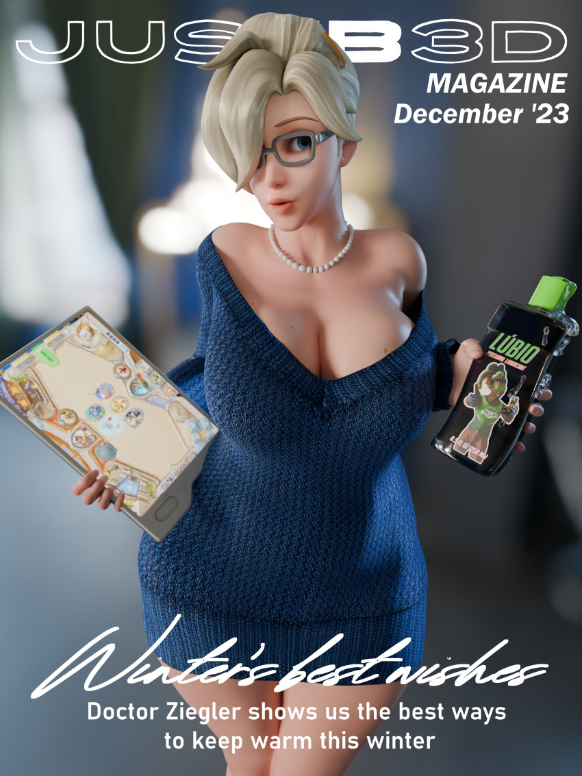 1girls 3d big_breasts blender blonde_hair breasts cleavage female female_only glasses justb3d large_breasts looking_at_viewer mercy overwatch solo