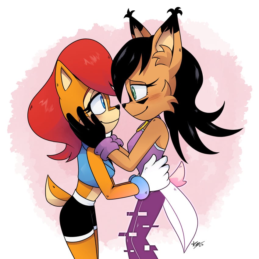 2girls absurd_res anthro anthro_only archie_comics artist_signature breasts couple cuddling eyelashes eyeliner female female_only furry furry_only gloves hi_res holding_head hug imminent_cuddling long_hair makeup medium_hair nicole_the_lynx romantic sally_acorn sega shorts small_breasts sonic_(series) sonic_the_hedgehog_(archie) sonic_the_hedgehog_(comics) sonic_the_hedgehog_(series) starryeyedad tail wholesome yuri