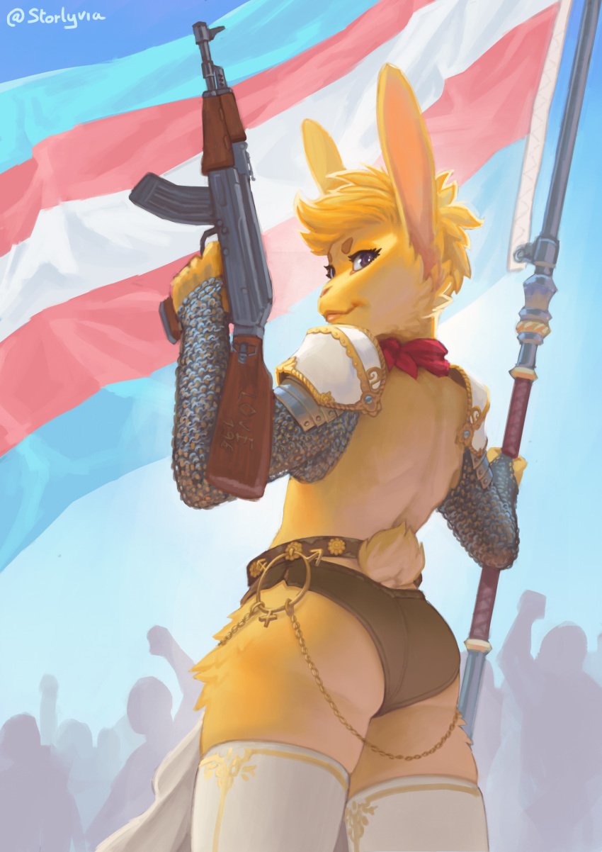 196 ambiguous_gender anthro armor banner big_ass big_butt bunny bunny_boy bunny_ears chainmail chains female femboy feminine firearm furry gun panties pride pride_color_flag rabbit rabbit_ears reddit rifle round_ass spronkus_kronkus starlyve thick_thighs thighhighs thighhighs. trans_flag twitter_username weapon yellow_fur