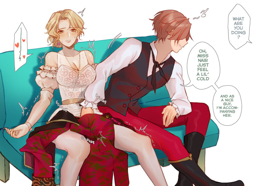 1boy 1girls blonde_hair brown_hair cleavage clothed dress dubious_consent earrings female fingering groping identity_v light-skinned_female light-skinned_male light_skin male medium_hair norton_campbell puyurin sex shirt sitting text trembling vera_nair