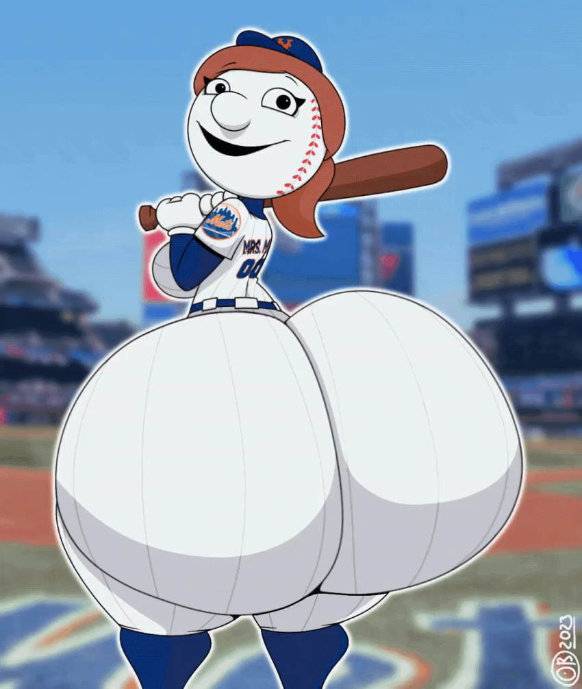 2023 animated baseball baseball_bat baseball_cap baseball_uniform breathotter female huge_ass hyper_ass mascot massive_ass massive_butt mr_otter_breath mrs._met wobbling_ass