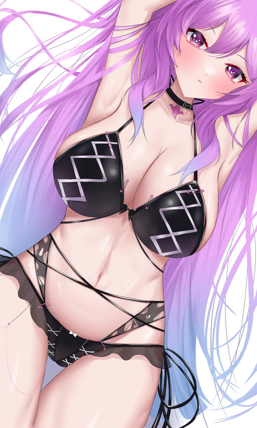 1kuma armpits arms_up big_breasts blush curvy lavender_hair necklace purinseishin solo_female string_bikini virtual_youtuber white_background