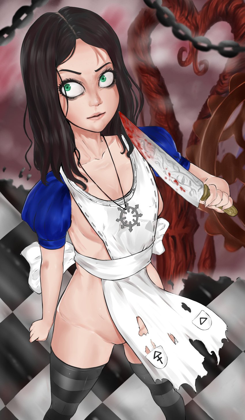 1girls alice_(madness_returns) alice_in_wonderland alice_liddell alice_madness_returns american_mcgee's_alice apron black_hair blood breasts crazy_eyes green_eyes knife moisty_boo naked_apron narrowed_eyes nipslip pink_nipples shaved_pussy solo