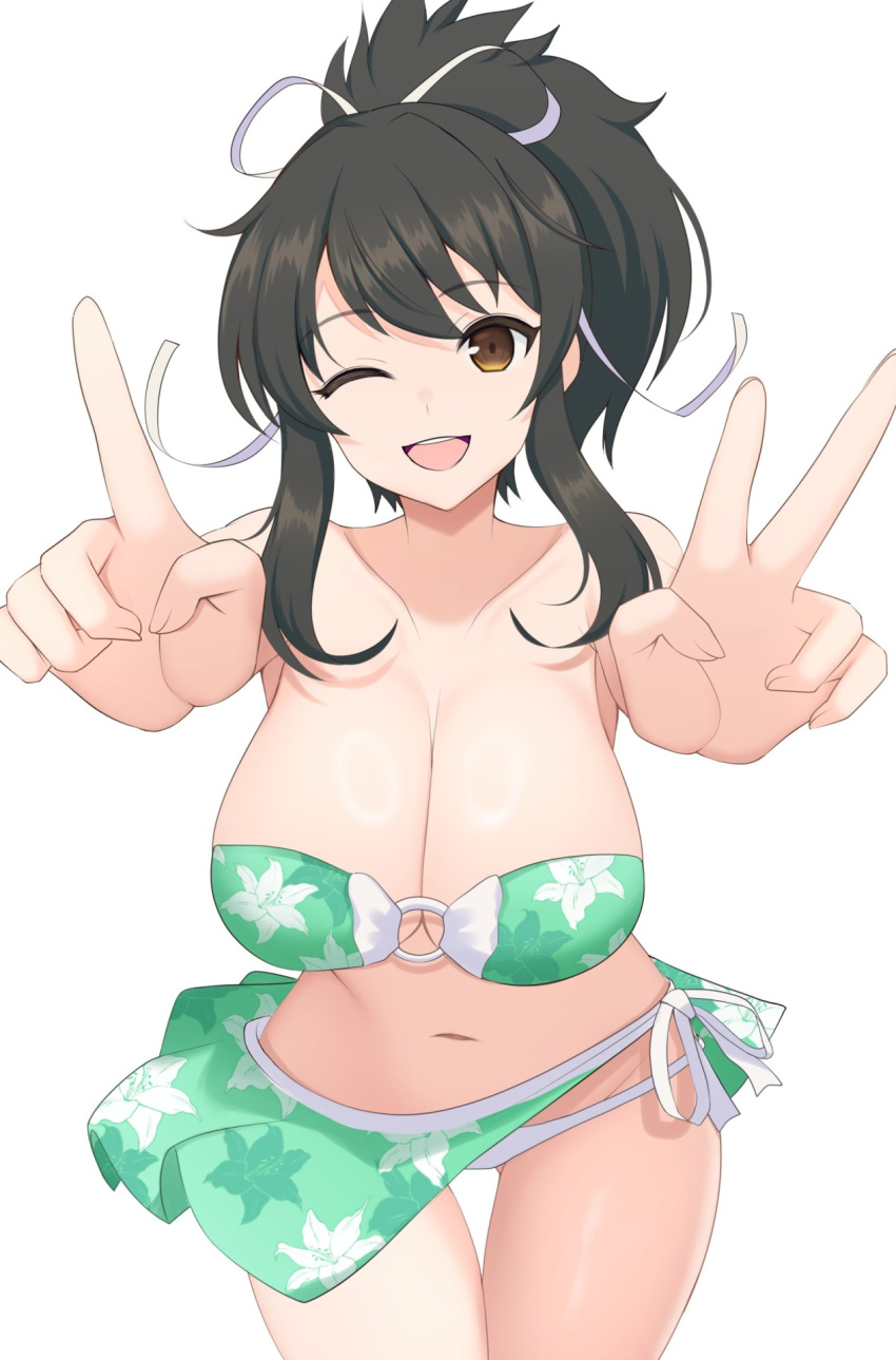 anniversary asuka_(senran_kagura) bare_shoulders bikini breasts brown_eyes brown_hair cleavage commentary_request cowboy_shot female floral_print foreshortening green_bikini highres large_breasts navel o-ring o-ring_bikini one_eye_closed open_mouth outstretched_arms pointing pointing_up ponytail sarong senran_kagura sidelocks solo surippa1010 swimsuit teeth upper_teeth_only voluptuous