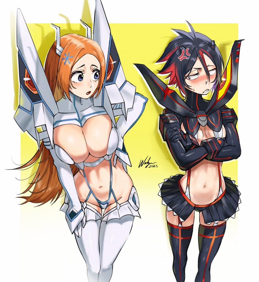 2girls anger_vein big_breasts bleach bleach:_the_thousand-year_blood_war blush breast_envy breasts cleavage cosplay crossover crossover_cosplay feet_out_of_frame female female_only inoue_orihime junketsu junketsu_(cosplay) kill_la_kill kiryuuin_satsuki_(cosplay) kuchiki_rukia legs_together long_hair matoi_ryuuko_(cosplay) midriff multiple_girls navel open_mouth petite_body petite_female revealing_clothes senketsu senketsu_(cosplay) short_hair skinny small_breasts smaller_female thigh_gap tomboy waligner