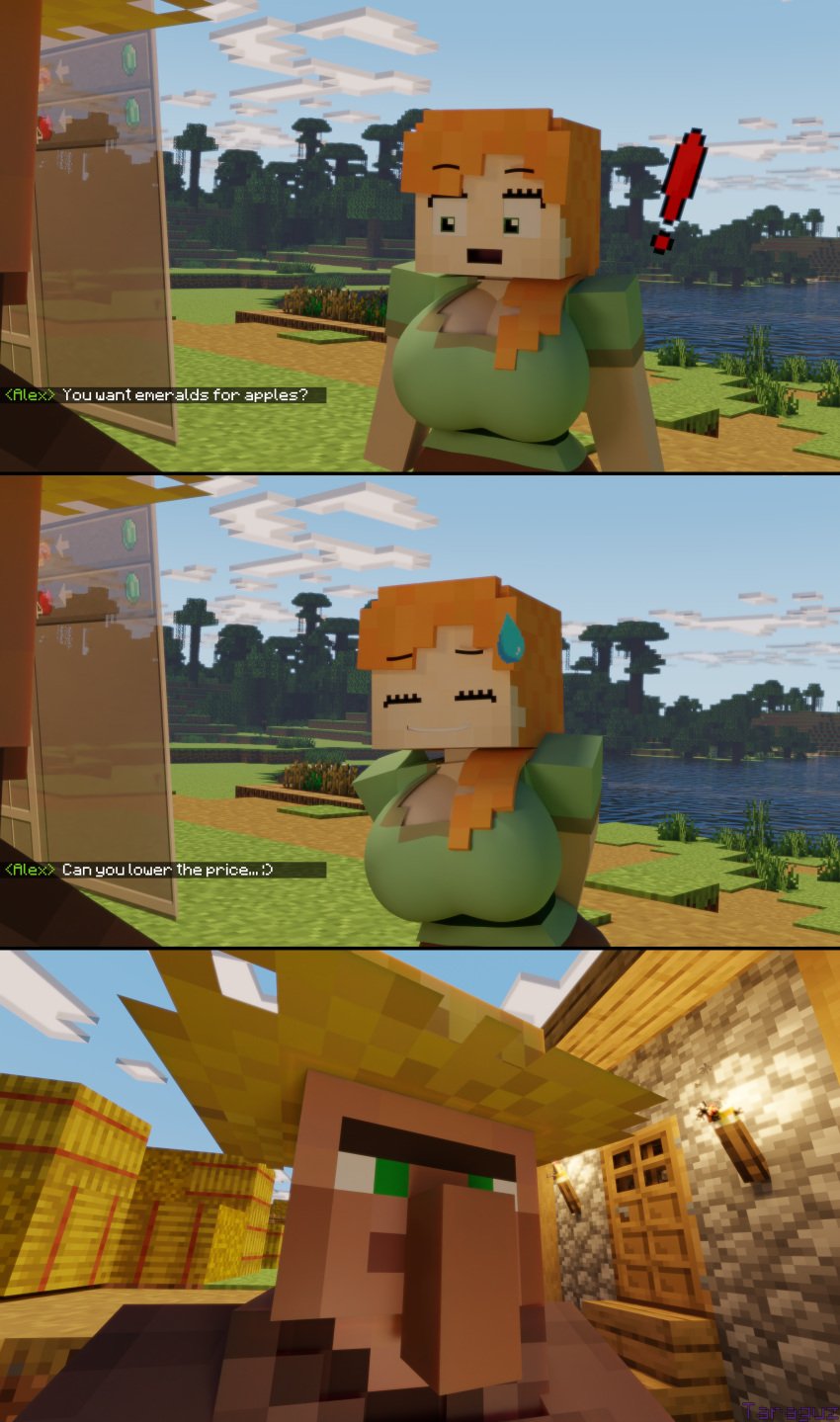 ! 1boy 1girls 3d alex_(minecraft) big_ass big_breasts breasts comic female green_eyes male minecraft orange_hair square_head sweatdrop video_games villager_(minecraft)