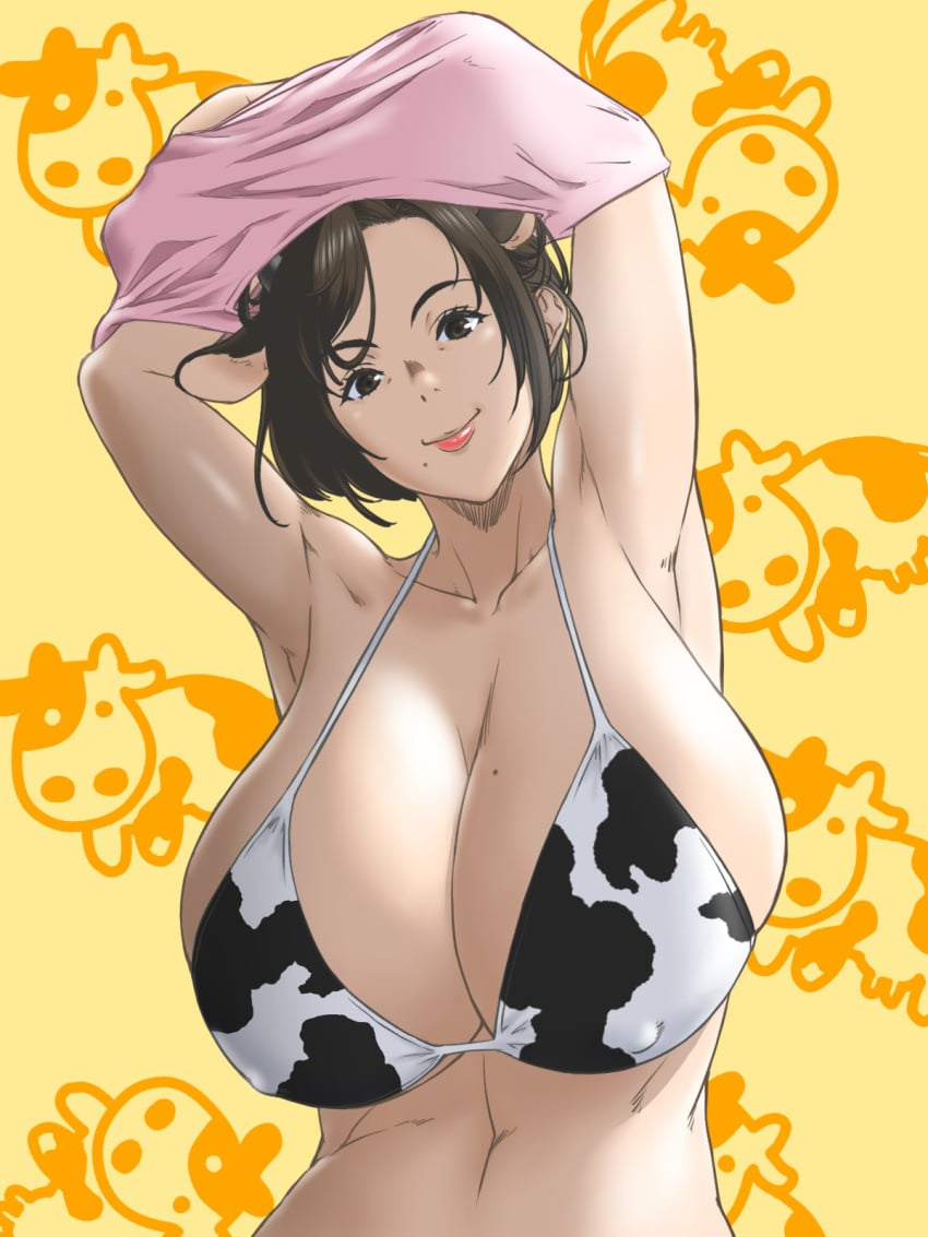 armpits bikini bikini_top cow_ears cow_horns cow_print_bikini kyugata mature_female mole_(marking) undressing